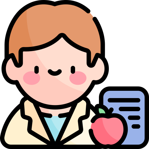 Icono con persona, hoja de papel y manzana